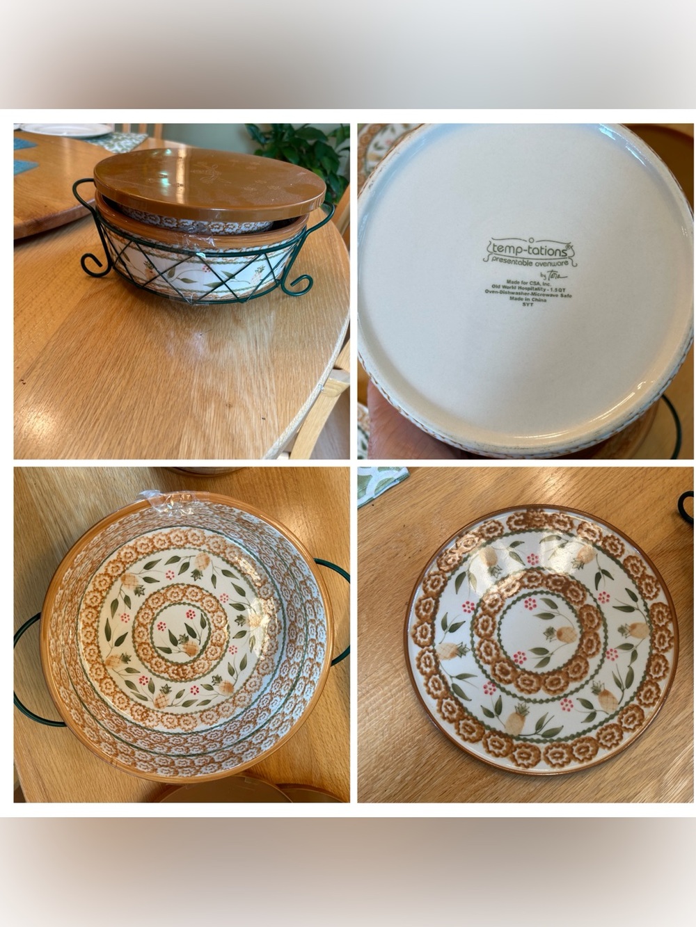 Temp-tations “Old World” Set of 2 Casserole Dishes & Accessories -Green, Brown